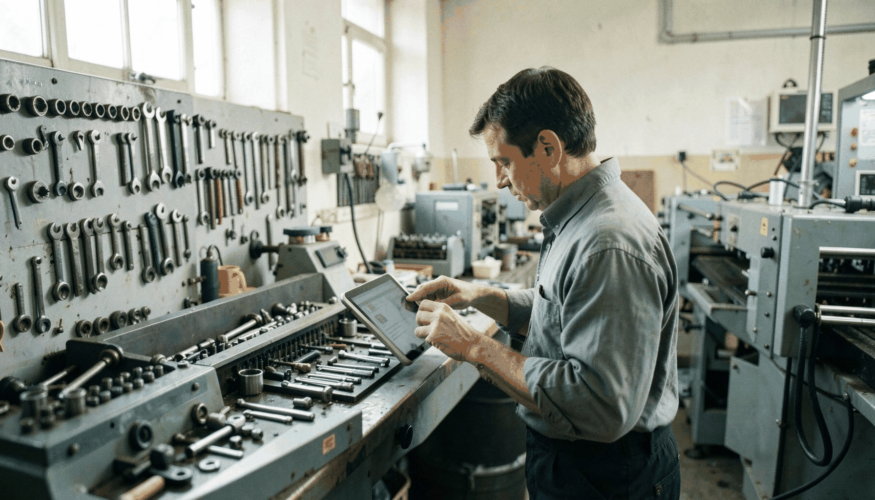 A candid documentary-style photograph of a small factory workshop with natural light, showing organized tooling and a worker reviewing a monitoring display at a tidy workstation.