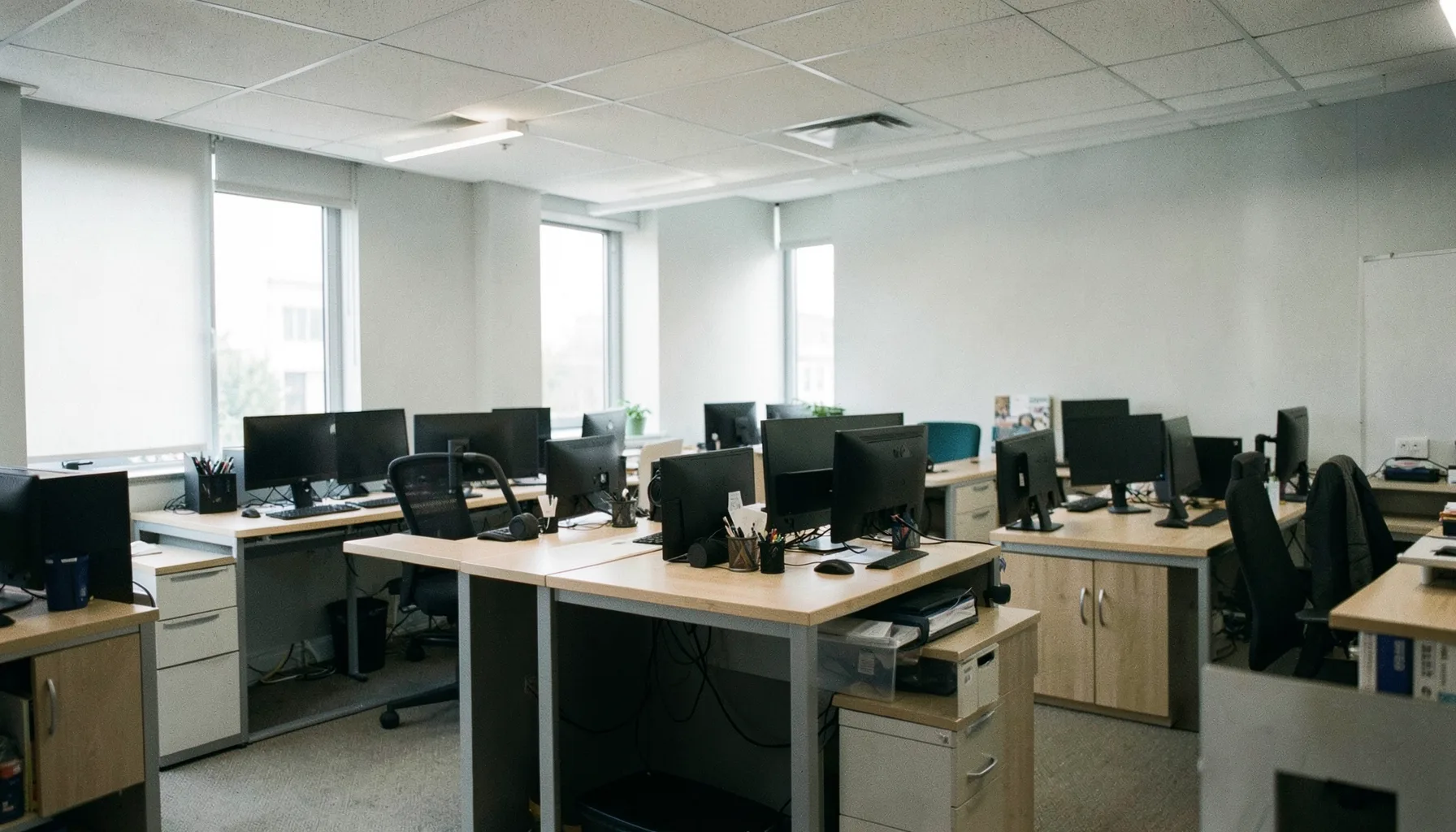 A quiet office interior with desks, monitors, and soft overhead lighting, showing a calm administrative workspace.