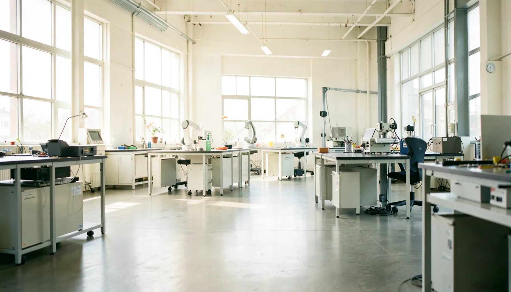 A bright, airy factory floor with soft natural light streaming through large windows, showing clean workstations and subtle automation equipment in a calm industrial setting.